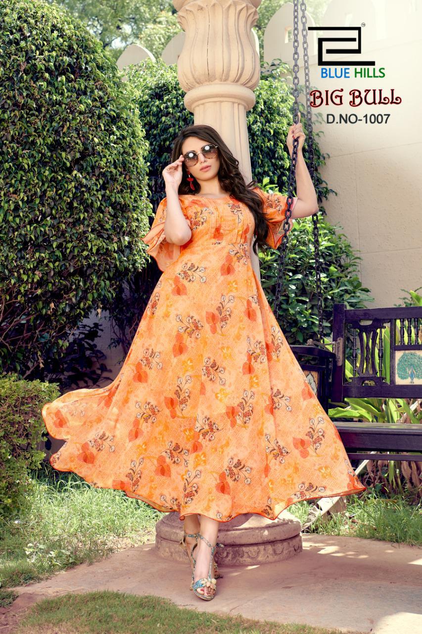 
Blue Hills Big Bull 1 Latest Fancy Designer Flair  Chiffon digital Printed Kurti Collection